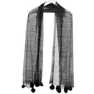 Black Mesh Scarf Fur Pom Pom Evening Shawl Fishnet Wrap